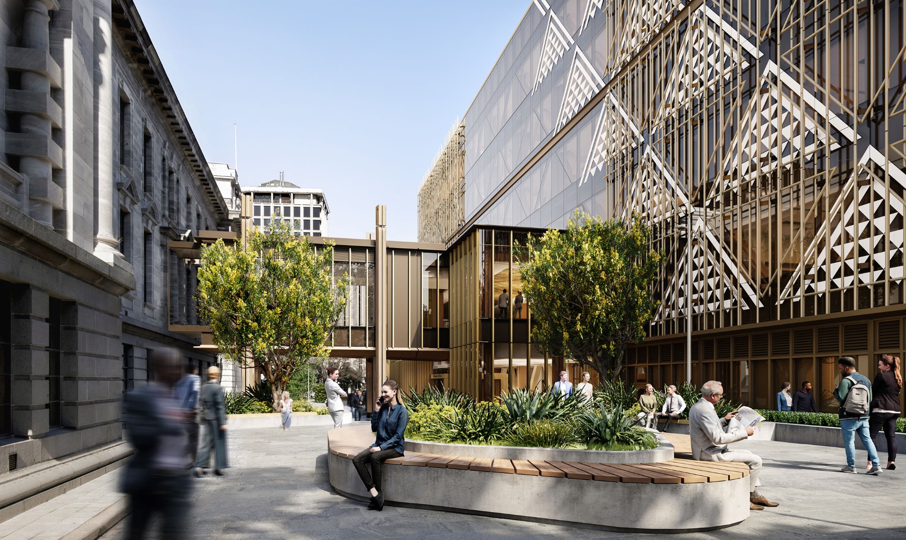 A high-quality, pedestrian-friendly landscape environment encircles the new buildings in Parliament's Western Precinct, providing amenity for both Parliament and the public.