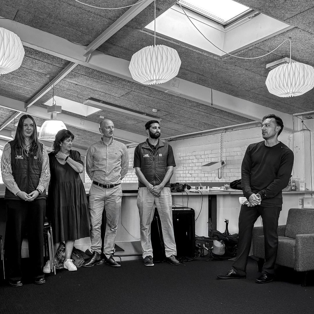 Left to right: Eliana Brooking (TupuToa intern) is joined by Marianne Brooking, Nick Morris, and Jay Reihana-Patel of LT McGuinness, as they are welcomed to Studio Pacific by Trevor Beamsley (Te Waharua Lead).