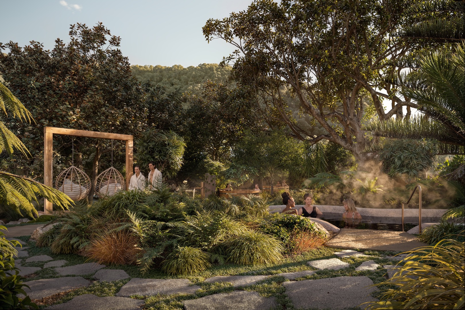 A quiet corner of the landscape, where lush native vegetation and mature trees frame geothermal pools, seating areas, and a place to pause.