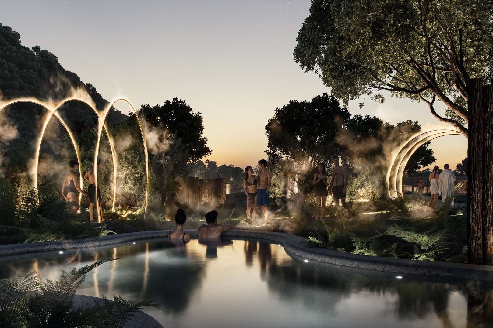 Evening falls across Waiwera Thermal Springs, where warm light, freshwater mist, and ring structures create an atmospheric journey through the landscape.